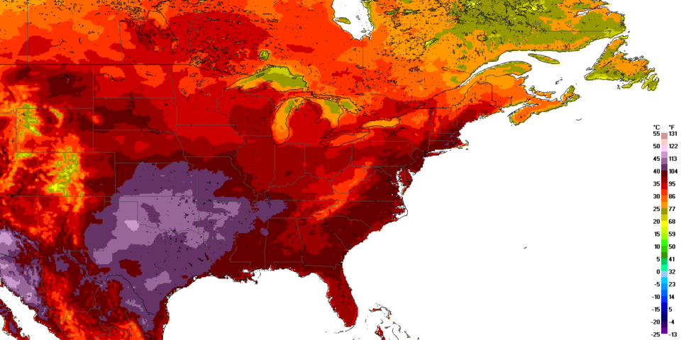 2011 Eastern North American heat wave ERA5-Land reanalysis maximum temperature map