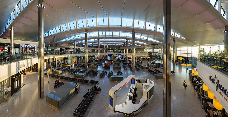 The central departures waiting area of Heathrow Terminal 2 (Queen's Terminal) in London, England. It was opened in 2014.
