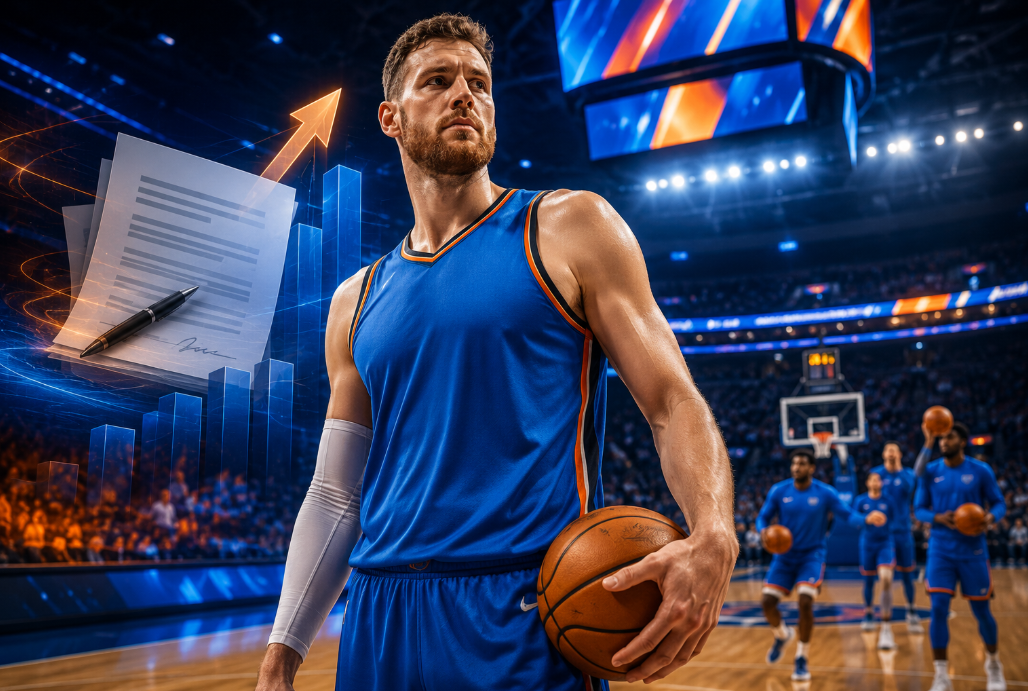 Basketball center in a blue uniform stands in a brightly lit arena with contract papers, rising financial graphics, and teammates warming up in the background.