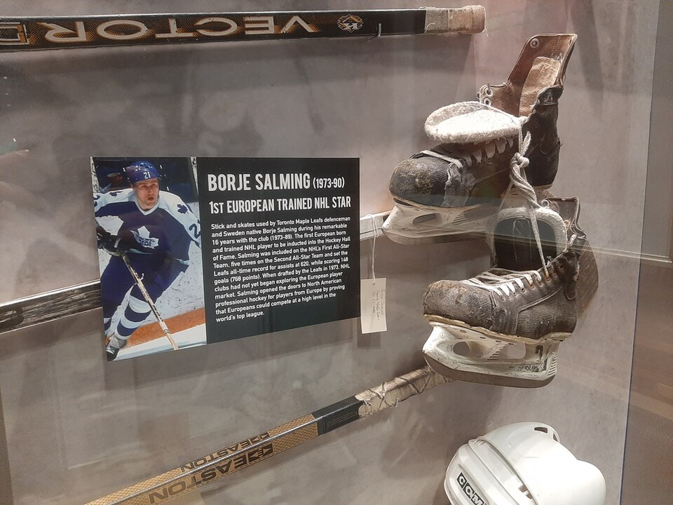The stick and skates used by Toronto Maple Leafs defenceman and Sweden native Borje Salming during his remarkable sixteen years with the club (1973–89). The first European born and trained NHL player to be inducted into the Hockey Hall of Fame, Salming was included on the NHL's First All-Star Team,