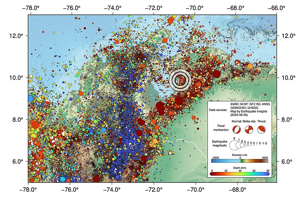 Recorded seismicity in Colombia and Venezuela, colored by depth. Bull's-eye highlights 2025 Zulia sequence.