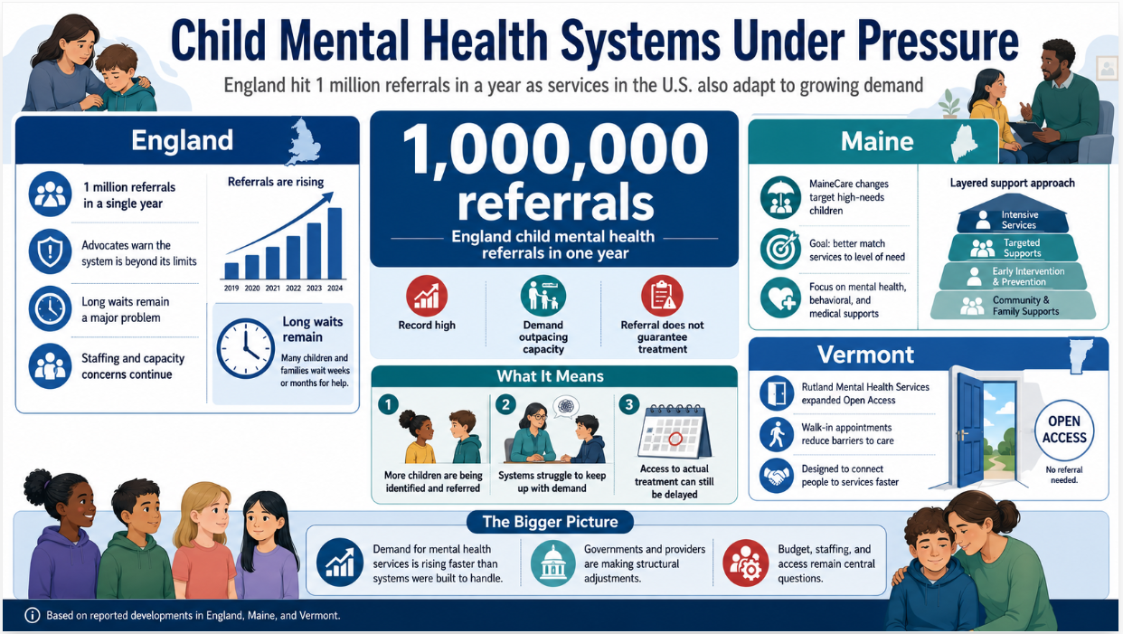Wide infographic showing pressure on child mental health systems, highlighting 1 million annual referrals in England, MaineCare support changes for high-needs children, and Vermont’s expanded Open Access mental health model.
