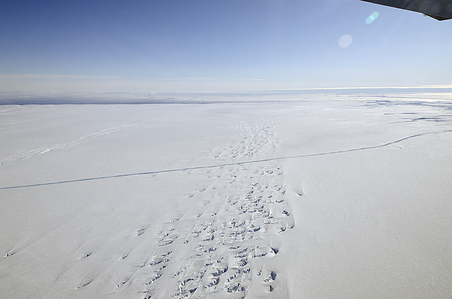 NASA image acquired October 24, 2011
NASA's DC-8 flew over the Pine Island Glacier Ice Shelf on Oct. 14, 2011 as part of the agency's Operation IceBridge. A large, long-running crack was plainly visible across the ice shelf. The DC-8 took off on Oct. 26, 2011, to collect more data on the ice shelf a