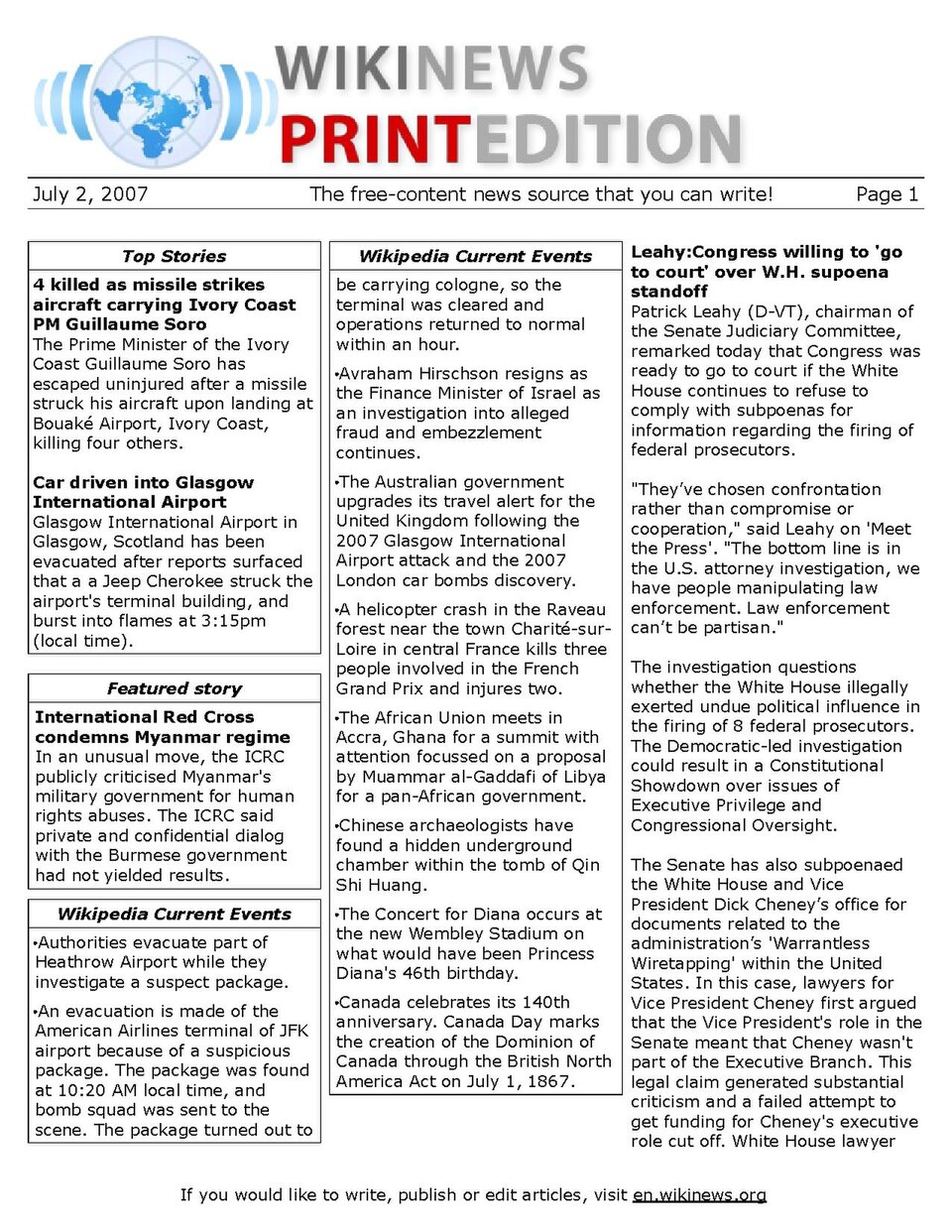 n:Wikinews:Print edition for July 2, 2007.