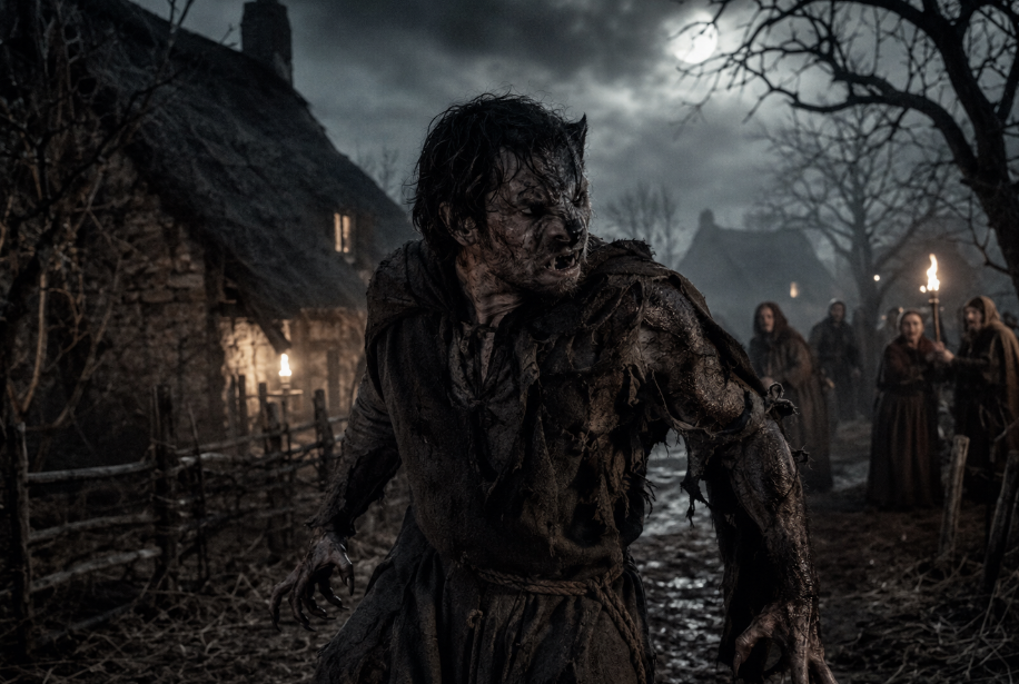 A cursed man transforms into a werewolf on a muddy medieval village road at night, surrounded by fog, thatched cottages, torchlight, and frightened villagers.