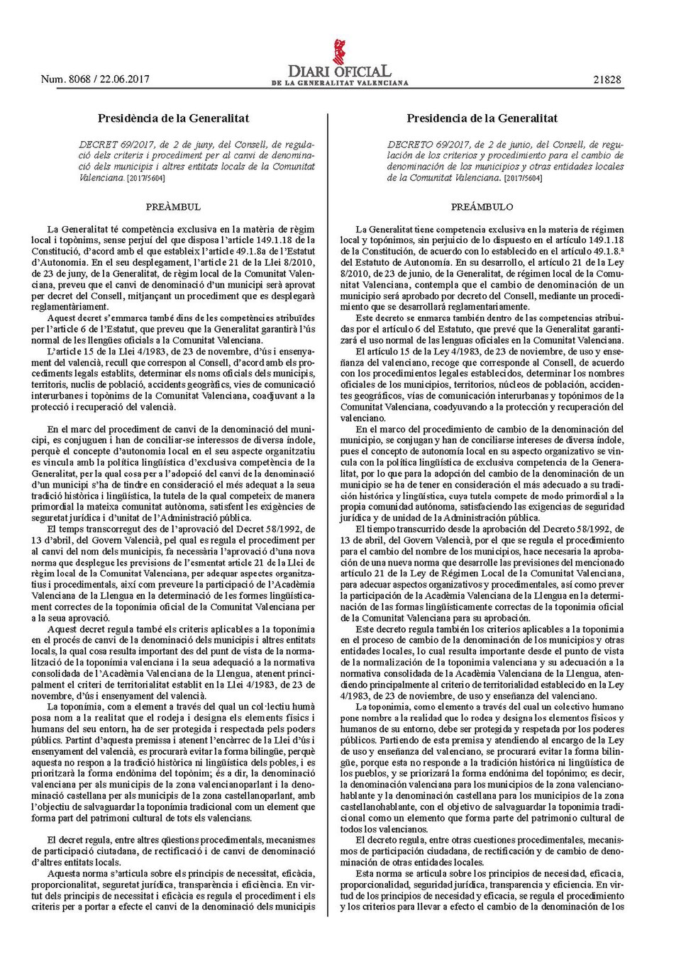 Decret 69/2017 de regulació dels criteris i procediment per al canvi de denominació dels municipis valencians