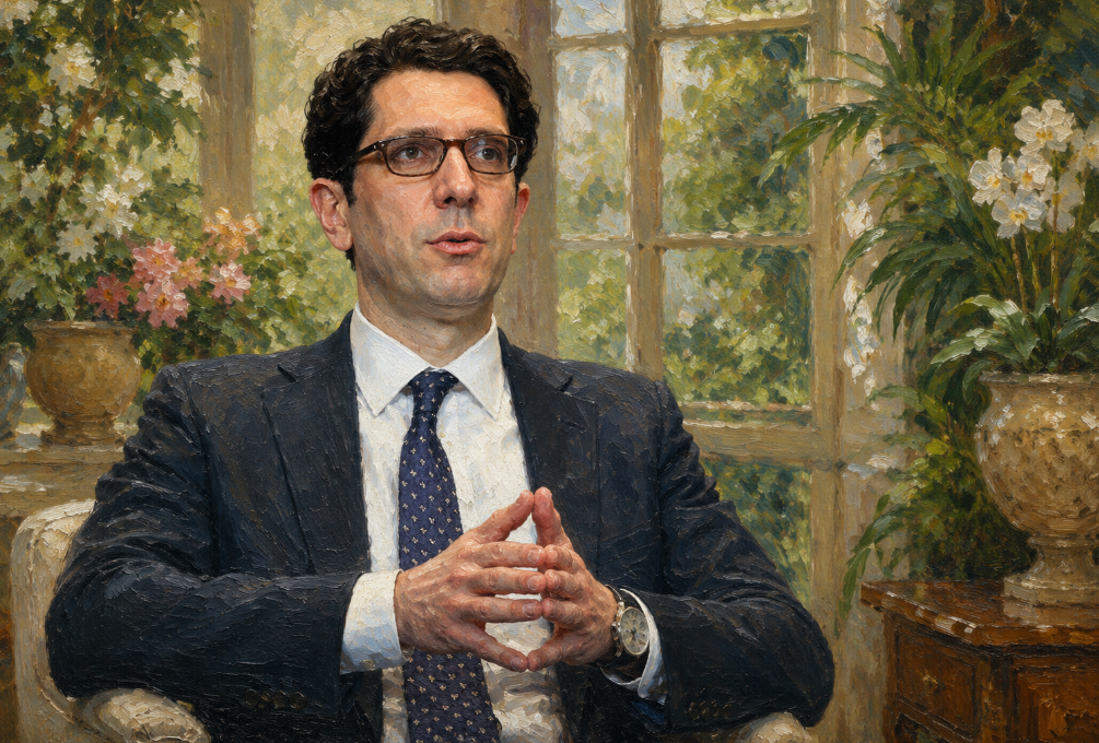 Pierre Yared in a dark suit and glasses sits with hands clasped in a sunlit garden room filled with large windows, plants, flowers, and warm painterly textures.