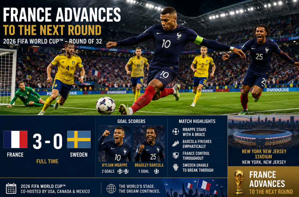 A wide sports news graphic shows France defeating Sweden in the 2026 World Cup round of 32, with French players attacking on the pitch, a 3-0 score display, goal scorer panels, and New York New Jersey Stadium imagery.