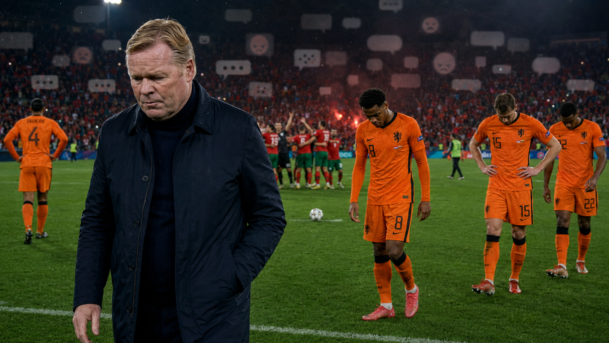 Netherlands players in orange walk off the pitch in disappointment after a World Cup penalty shootout loss as a somber manager stands near the touchline