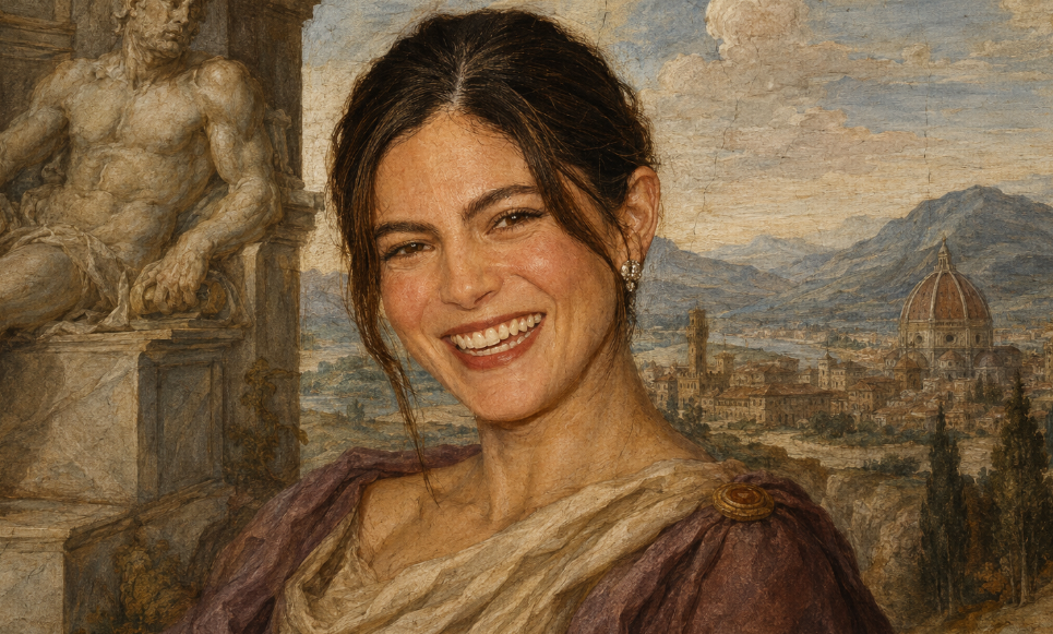 A smiling Monica Barbaro appears in a Renaissance-style painted portrait against a wide Italian landscape with classical architecture, mountains, warm fresco textures, and a marble statue in the background.