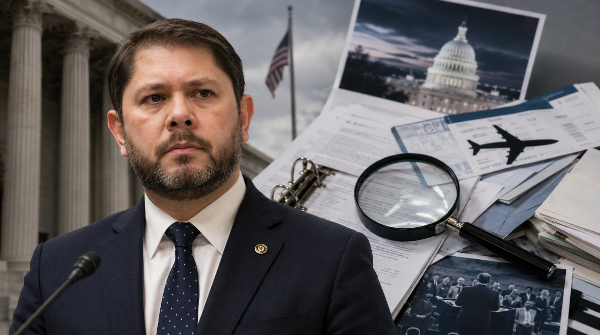 A serious-looking U.S. senator stands near government columns with campaign finance documents, travel receipts, a magnifying glass, and Capitol imagery behind him, symbolizing a federal investigation into campaign spending.