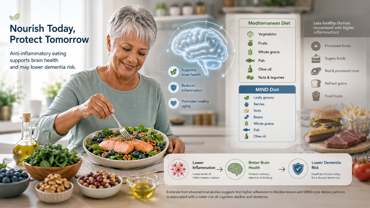 Older woman preparing a healthy anti-inflammatory meal with salmon, leafy greens, berries, nuts, olive oil, and brain-health graphics showing Mediterranean and MIND diet foods linked to lower inflammation and dementia risk.