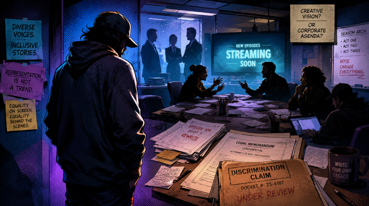 Editorial illustration of an isolated showrunner standing in a tense television writers’ room with scripts, legal papers, and corporate figures in the background.