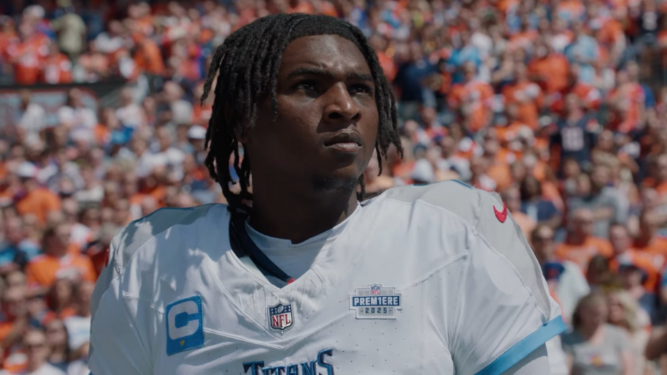 Rookie Tennessee Titans quarterback, Cam Ward, in his NFL debut in a game against the Denver Broncos at Empower Field at Mile High on September 7, 2025. Image is a screen shot of Youtube video ~ 00:59.
