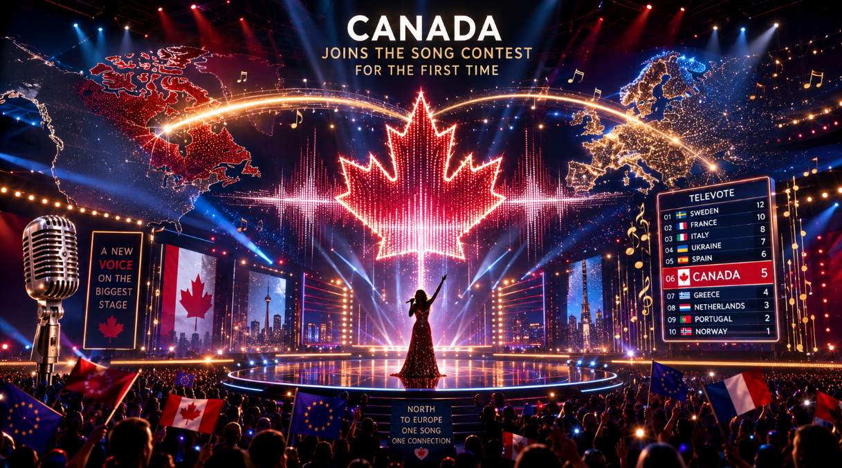 A dramatic concert stage shows Canada joining a major international song contest, with a glowing maple leaf, transatlantic light trails, cheering crowds, flags, microphones, and a voting scoreboard.