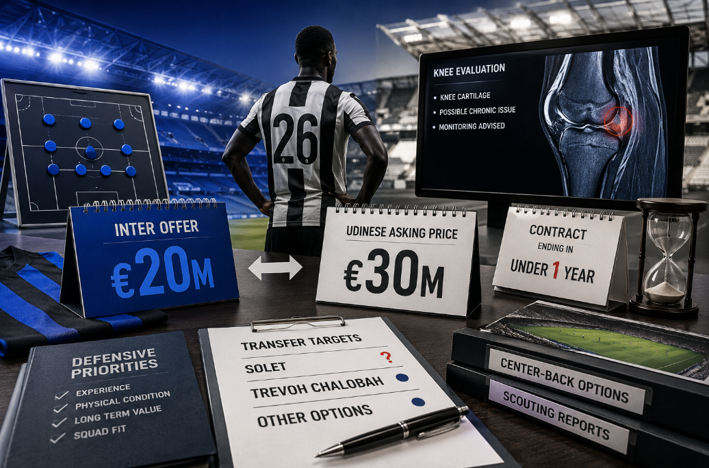 Editorial sports image showing a defender transfer negotiation scene with Inter-inspired colors, Udinese asking price notes, a knee evaluation screen, contract timing, and center-back scouting reports.
