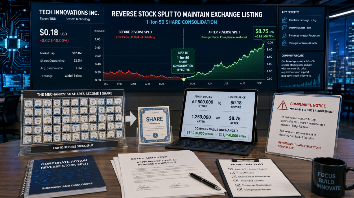 Editorial finance image showing a 1-for-50 reverse stock split, with 50 small share certificates becoming one larger share, stock charts, compliance notices,