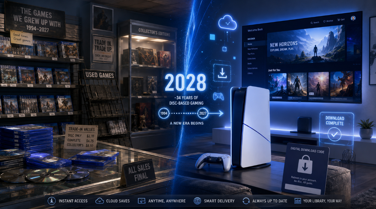 Split-screen gaming scene showing physical game discs, cases, trade-in shelves, and collector editions fading into a futuristic digital storefront with a disc-free console, download icons, and a glowing 2028 transition marker.