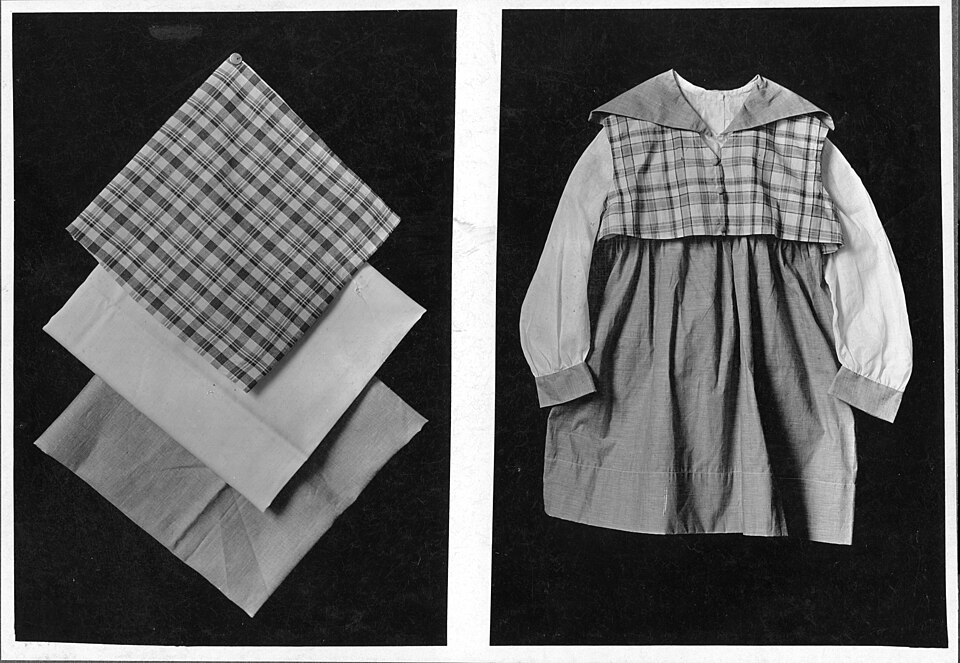 Collection: Human Ecology Historical Photographs
Title: Clothing conservation. Two views show making child's dress from three fabric samples. Date is about 1918.
Collection #23-2-749, item DD-TC-36
Div. Rare &amp; Manuscript Collections, Cornell University Library
Persistent URI: http://hdl.handle.n