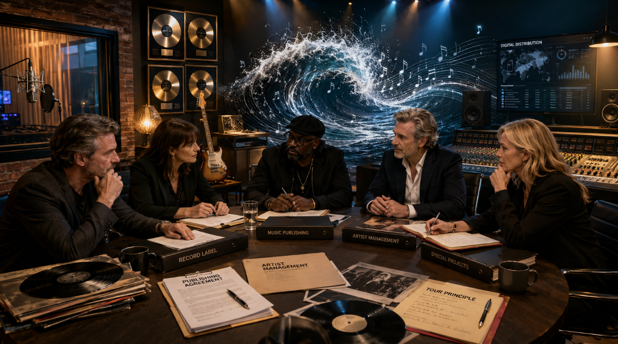 Five veteran music executives meet in a polished recording studio boardroom with vinyl records, publishing agreements, artist-management folders, gold records, a mixing console, and a wave of musical notes symbolizing Breaking Wave.