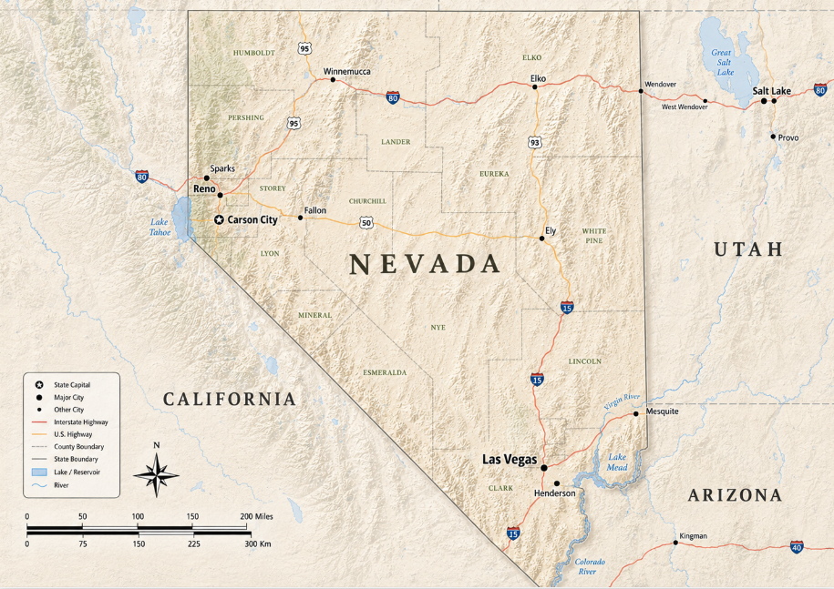Detailed landscape map of Nevada with shaded terrain, county boundaries, highways, cities, and surrounding parts of California, Arizona, Utah, Oregon, and Idaho.