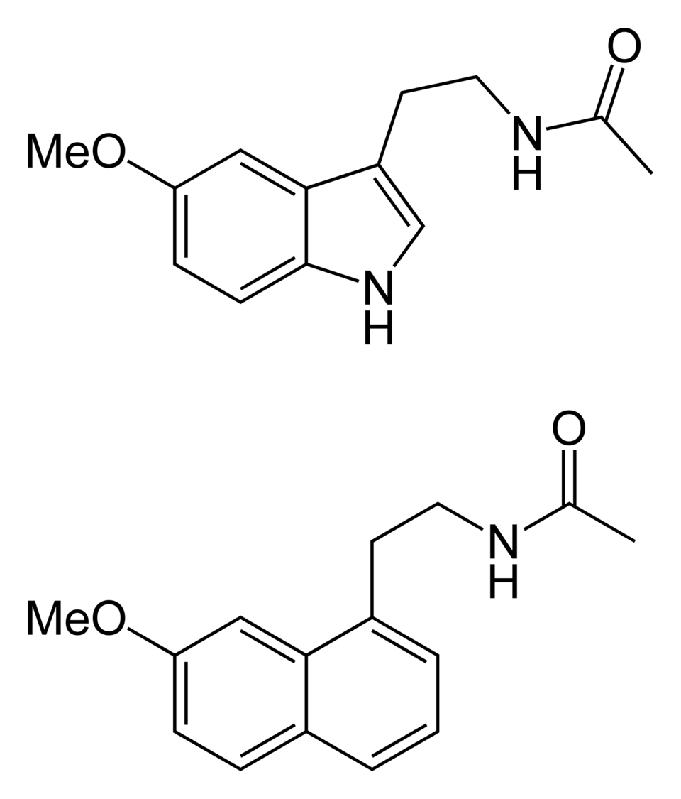 Structural formulae of melatonin (top) and agomelatine (bottom).

Structures drawn in ChemBioDraw Ultra 12.0.