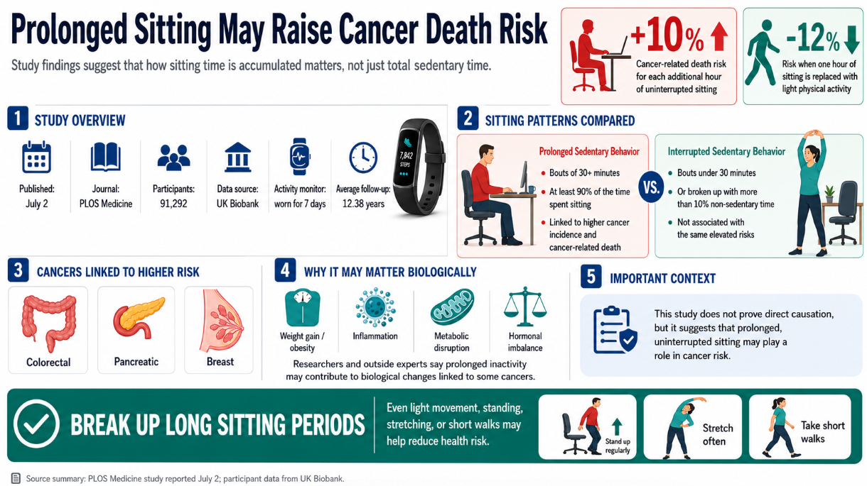 Wide health infographic showing study findings on prolonged sitting, cancer-related death risk, activity monitor data, sitting pattern comparisons, cancer types, biological risk factors, and movement tips.