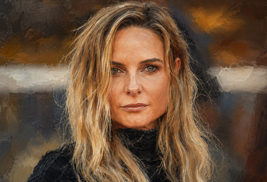 A realistic oil painting style portrait of a Rebecca Louisa Ferguson Sundström with loose wavy hair, a calm serious expression, and a black high-neck top against a softly brushed abstract background.