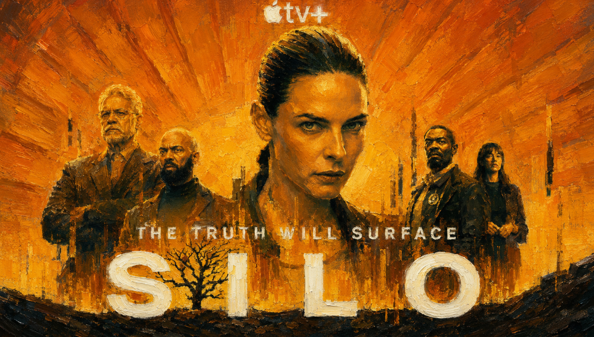 A dramatic orange oil painting style poster inspired by Silo, featuring a stern central woman surrounded by serious supporting figures, glowing industrial shapes, a barren tree silhouette, and large title lettering across the bottom.