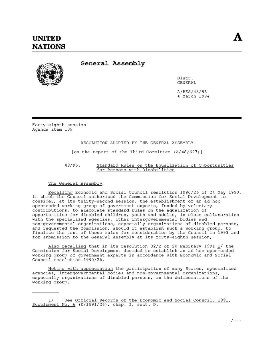 Resolution adopted at the 48th session of the United Nations General Assembly