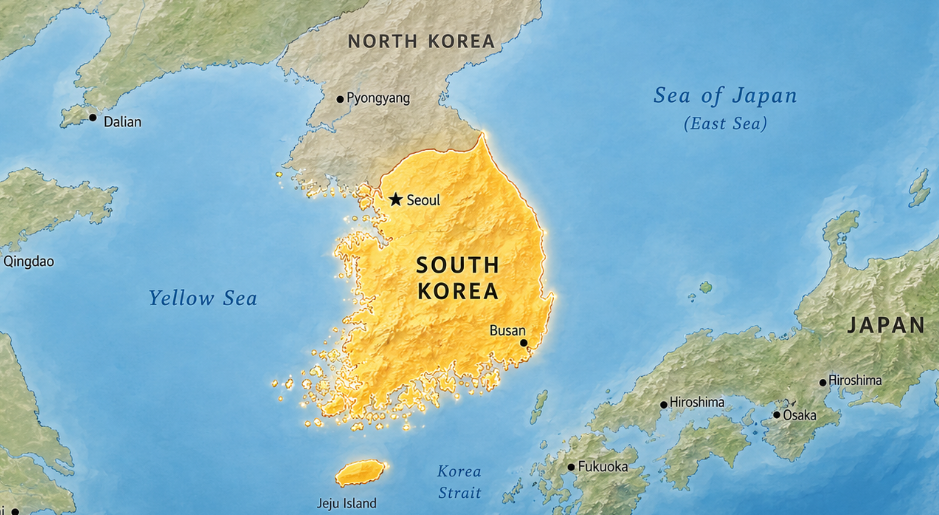 A landscape map highlights South Korea in yellow with North Korea, China, Japan, the Yellow Sea, the Korea Strait, and the Sea of Japan shown for regional context.