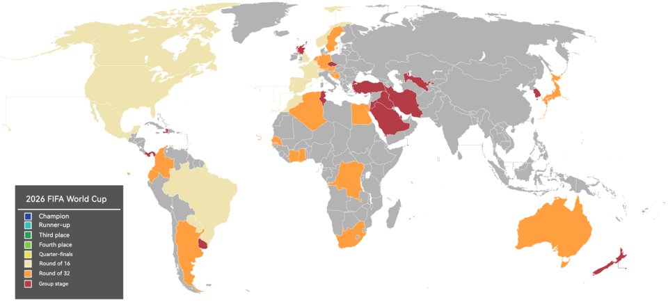 2026 FIFA World Cup progression results map.   Champion   Runner-up   Third place   Fourth place   Quarter-finals   Round of 16
  Round of 32    Group stage