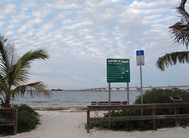 A view looking towards the mainland from the bay side of Sanibel shows the causeway in the distance.