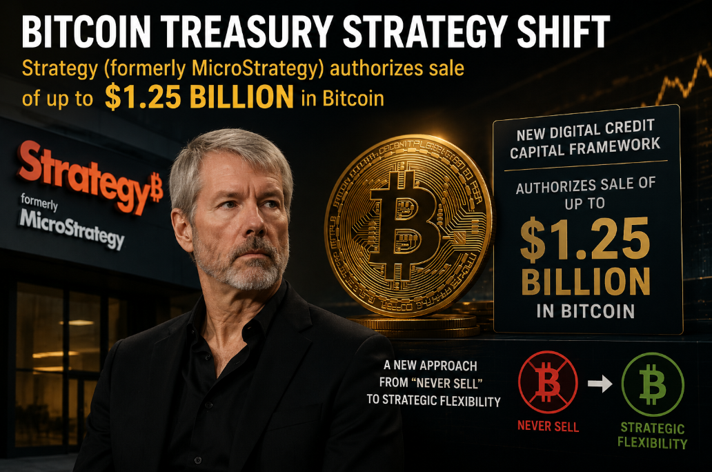 Wide-format financial news graphic showing Strategy, formerly MicroStrategy, shifting its Bitcoin treasury approach from a never-sell stance toward strategic flexibility, with a large Bitcoin symbol and $1.25 billion sale authorization displayed.
