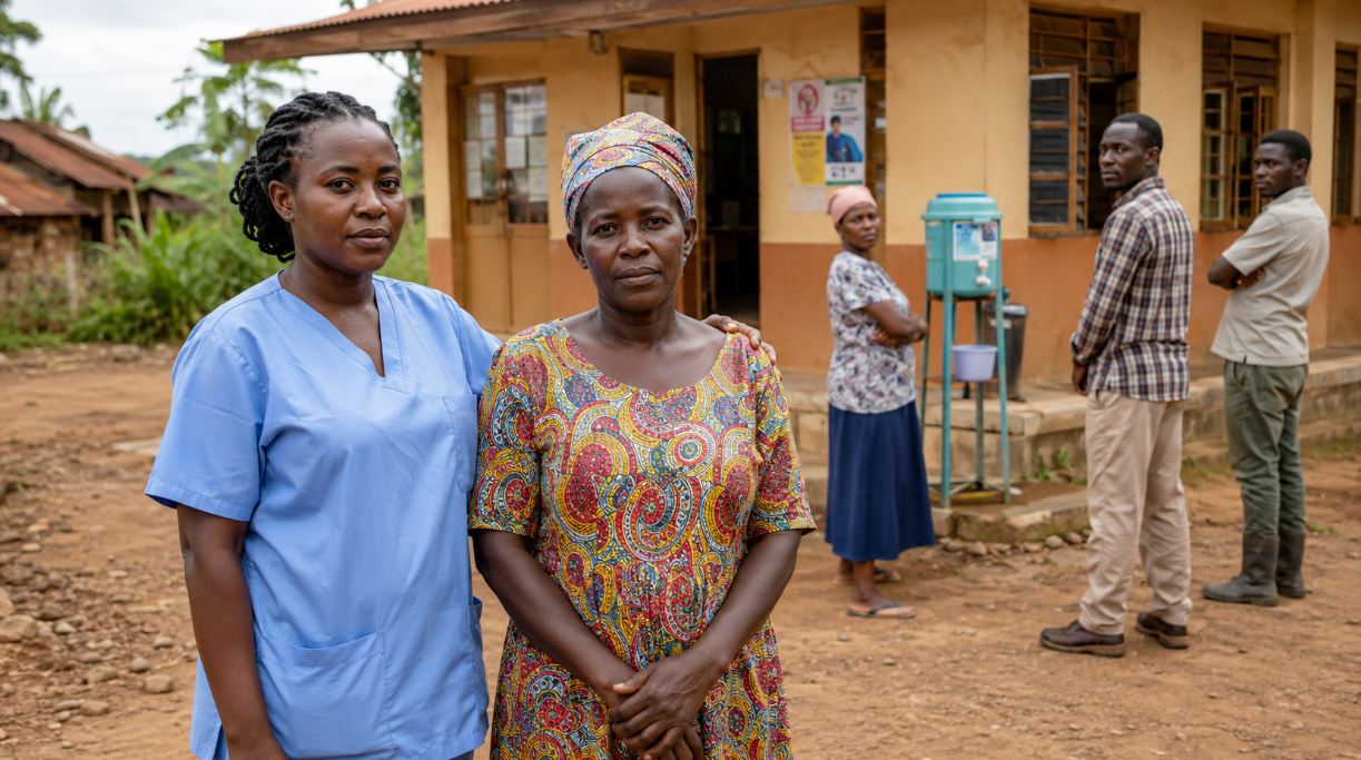 Wide-format image of a Ugandan health worker standing beside an Ebola survivor outside a rural clinic, while community members look on from a distance, symbolizing the stigma survivors and frontline workers face after recovery.