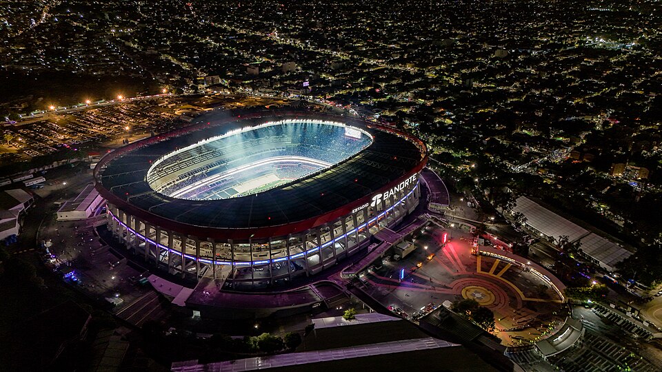 Aerial view taken by drone of Azteca Stadium following its 2026 renovation as Banorte Stadium. Mexico City, Mexico.
