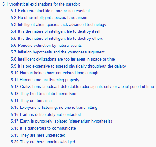 an unintentional poem that used to exist in the table of contents for the Fermi Paradox article. discovered by Lily Alexandre, transcribed below:
5 Hypothetical explanations for the paradox

   5.1 Extraterrestrial life is rare or non-existent
   5.2 No other intelligent species have arisen
   5.3 I
