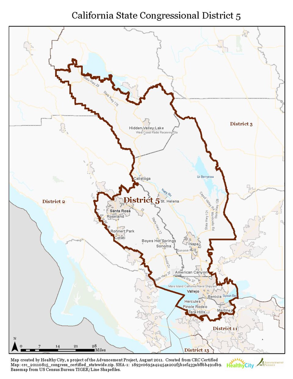 Map of California's 5th congressional district — encompassing much of California's Wine Country. 
It consists of Napa County plus portions of Contra Costa, Lake, Solano, and Sonoma counties.
Cities in the district include Cotati, Rohnert Park, Santa Rosa, Sonoma, Napa, American Canyon, Vallejo, Beni