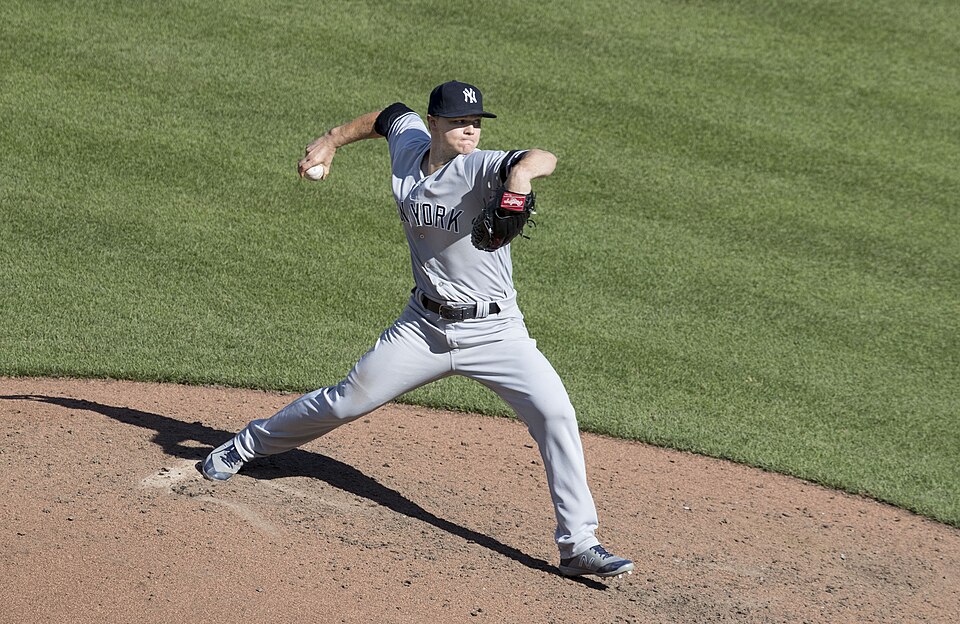 Starting pitcher Sonny Gray of the New York Yankees in a game against the Baltimore Orioles at Oriole Park at Camden Yards on September 7, 2017 in Baltimore, Maryland.