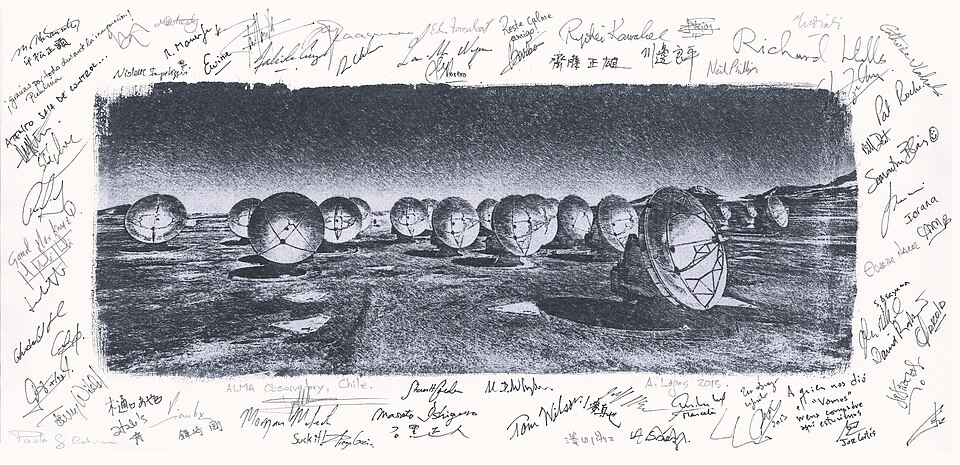 A signed artists impression of The Atacama Large Millimeter/submillimeter Array (ALMA) antennas, produced in 2013.