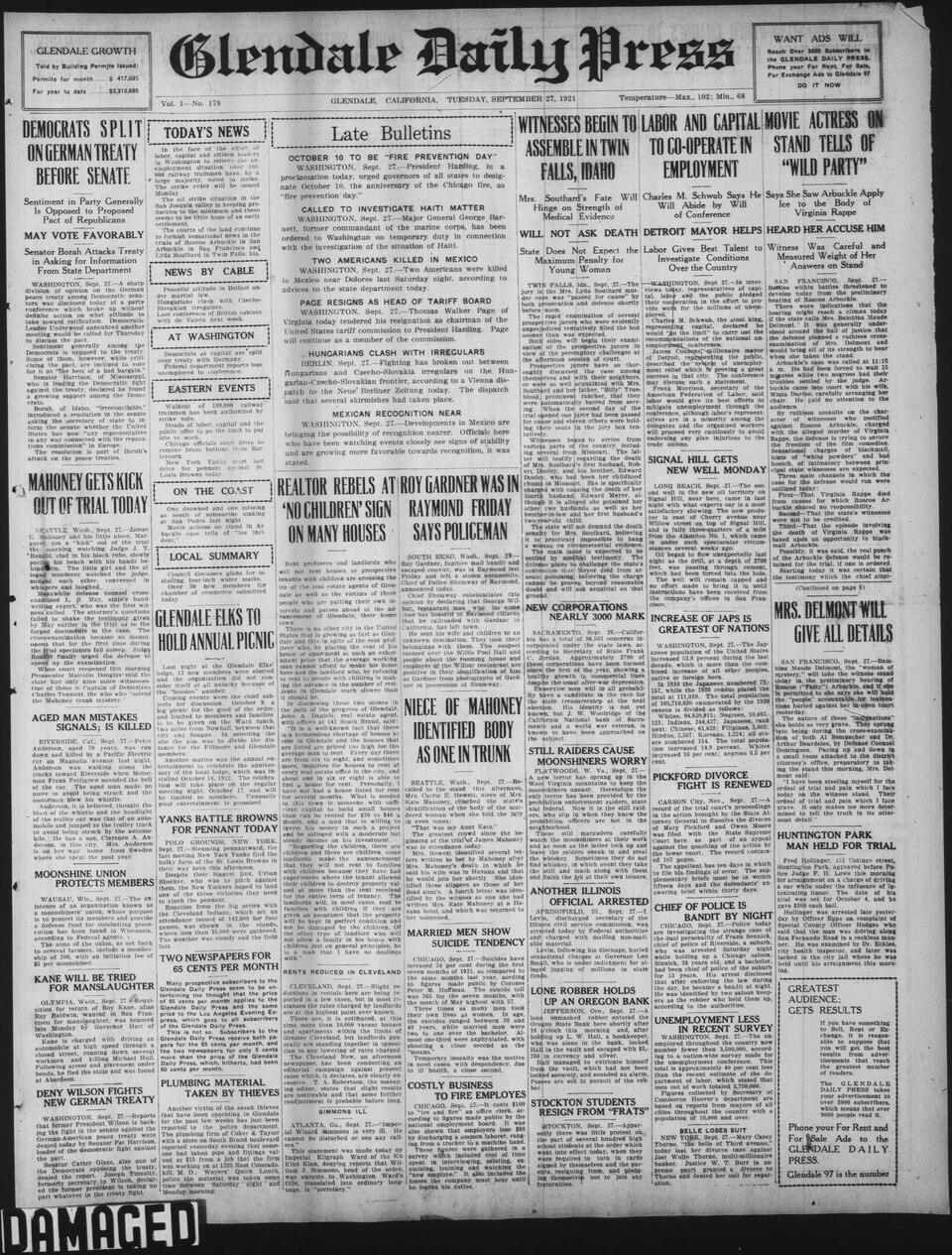 CA-R Notes for IA: Image may appear dark or faded due to the nature of microfilm. Some text runs off the page, inherent to the original.Series Title: Glendale Daily PressDescription: These newspapers document the earliest history of Glendale as an incorporated city and the later-annexed community of