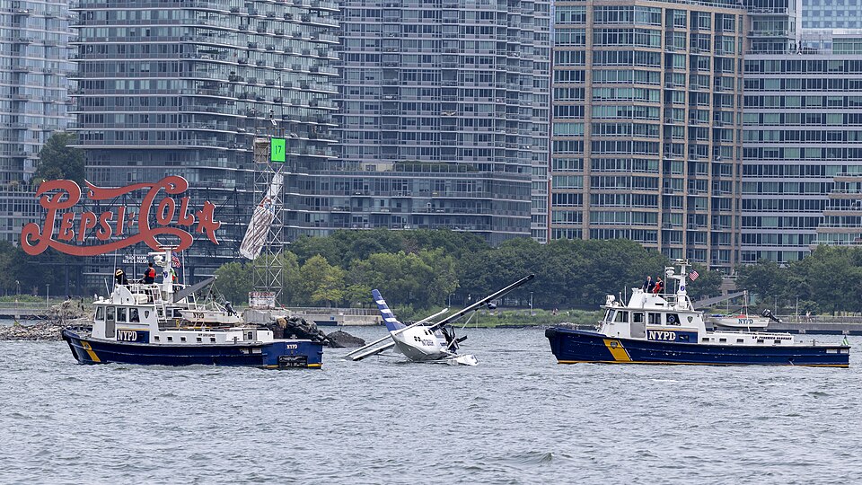 Seaplane makes hard landing in East River, wing strut snaps on impact
