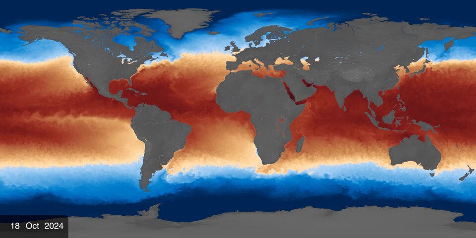 This visualization shows Sea Surface Temperature (SST) data from the Jet Propulsion Laboratory (JPL) Multi-scale Ultra-high Resolution (MUR) Sea Surface Temperature Analysis. The analysis data is near-real-time (one day latency).
