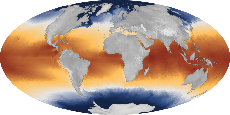The temperature of ocean surface waters affects many aspects of weather and climate around the globe. NOAA’s satellites take highly detailed measurements of the ocean each day, using both geostationary and polar-orbiting satellite sensors. This map plots weekly average sea surface temperatures (or S