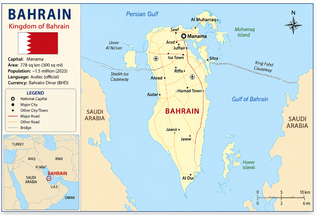 Wide infographic-style map of Bahrain showing Manama, Muharraq, Riffa, Isa Town, Sitra, major roads, causeways, nearby Saudi Arabia, and a regional inset map of the Middle East.