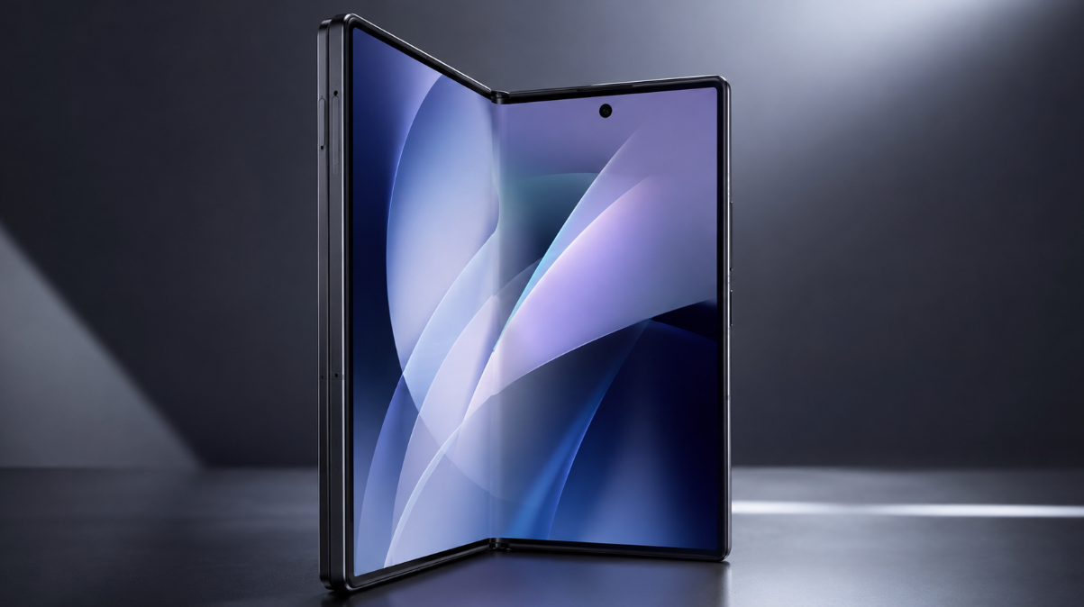 Wide studio-style concept image of a premium Samsung Galaxy Z Fold 8 foldable smartphone partially open, showing a large inner display, slim black frame, refined hinge, and abstract blue-purple screen wallpaper.