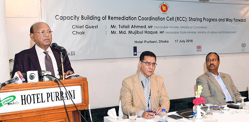 On Tuesday, July 17, 2018, Commerce Minister Tofail Ahmed delivered the keynote speech at a seminar in Dhaka's Hotel Purbani on enhancing the capacity of the RCC (Remediation Coordination Cell), which was formed to address the renovation of garment factories. Md. Mujibul Haque, the State Minister fo