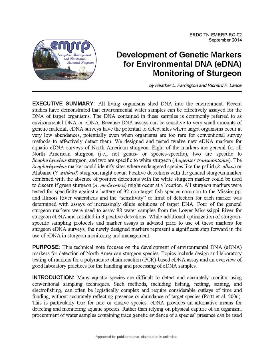 Development of genetic markers for environmental DNA (eDNA) monitoring of sturgeon - USACE-p266001coll1-3853