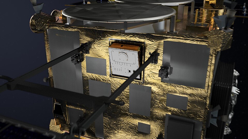 Closeup rendering of the MASCOT lander attached to the side of JAXA's Hayabusa2 probe