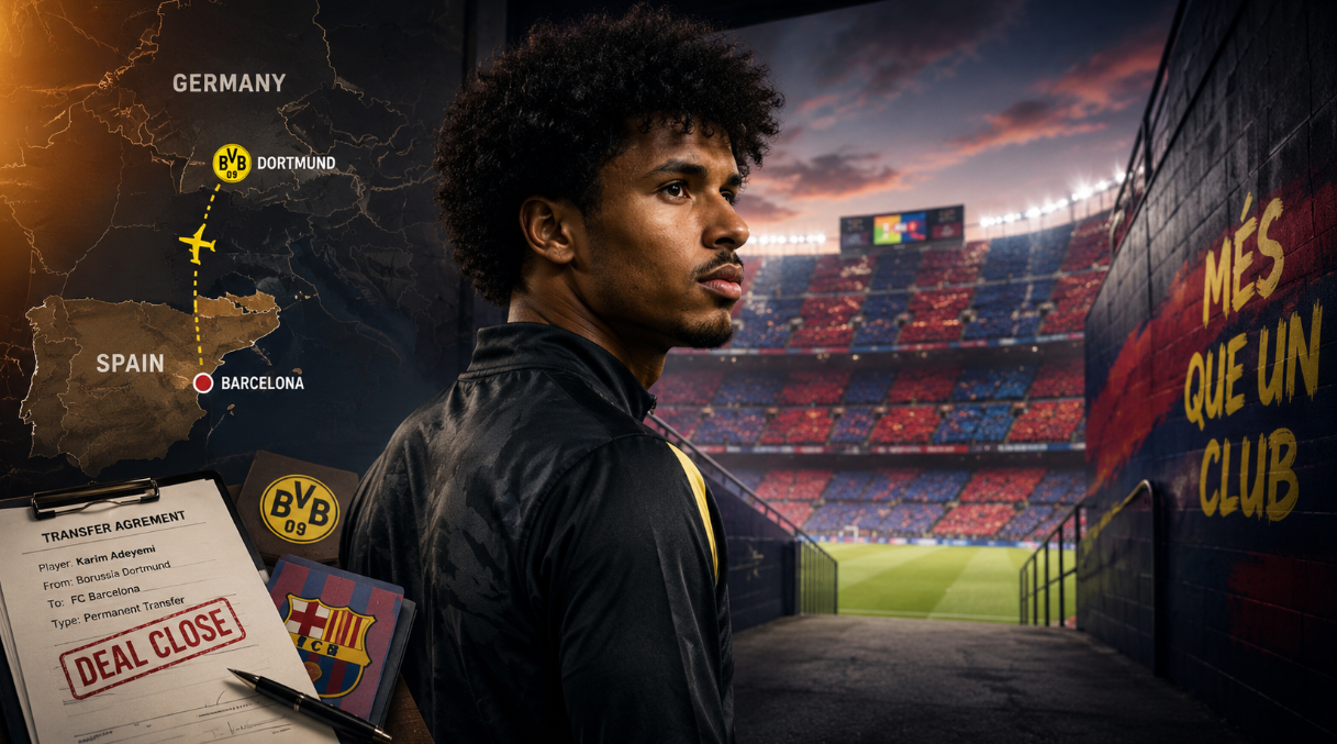 Wide cinematic sports graphic showing Karim Adeyemi near a stadium tunnel with a Germany-to-Barcelona transfer map, paperwork, and red-and-blue stadium colors in the background.